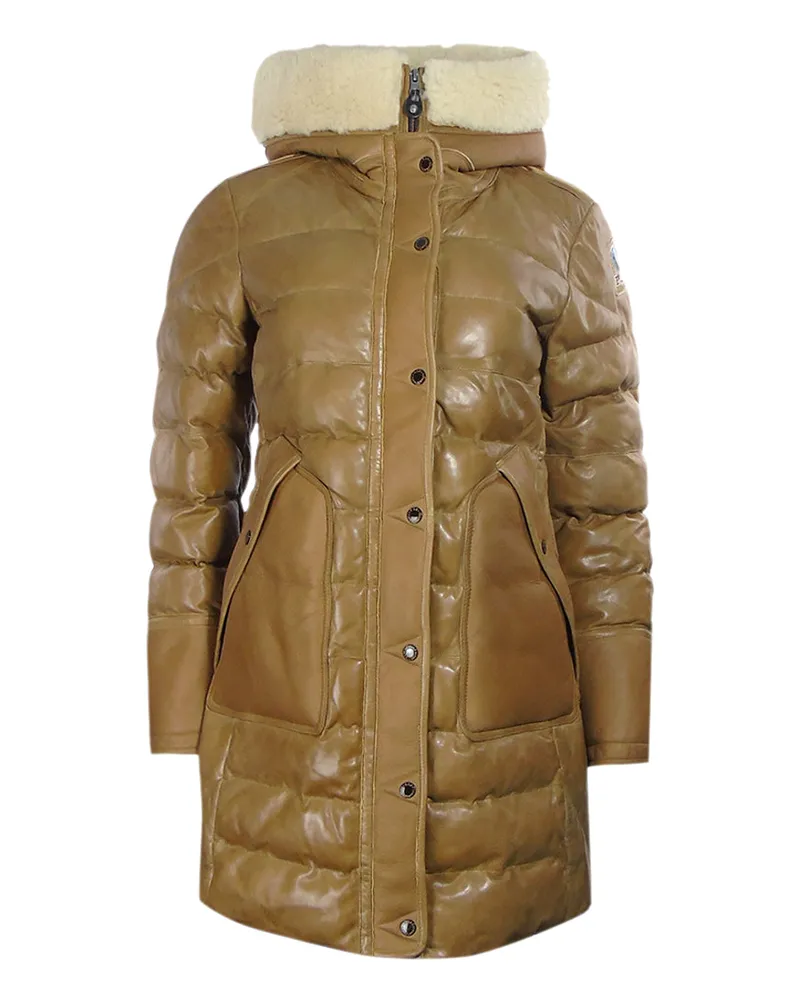 Parajumpers Demi Special Braune lange Daunenjacke aus Leder Blau