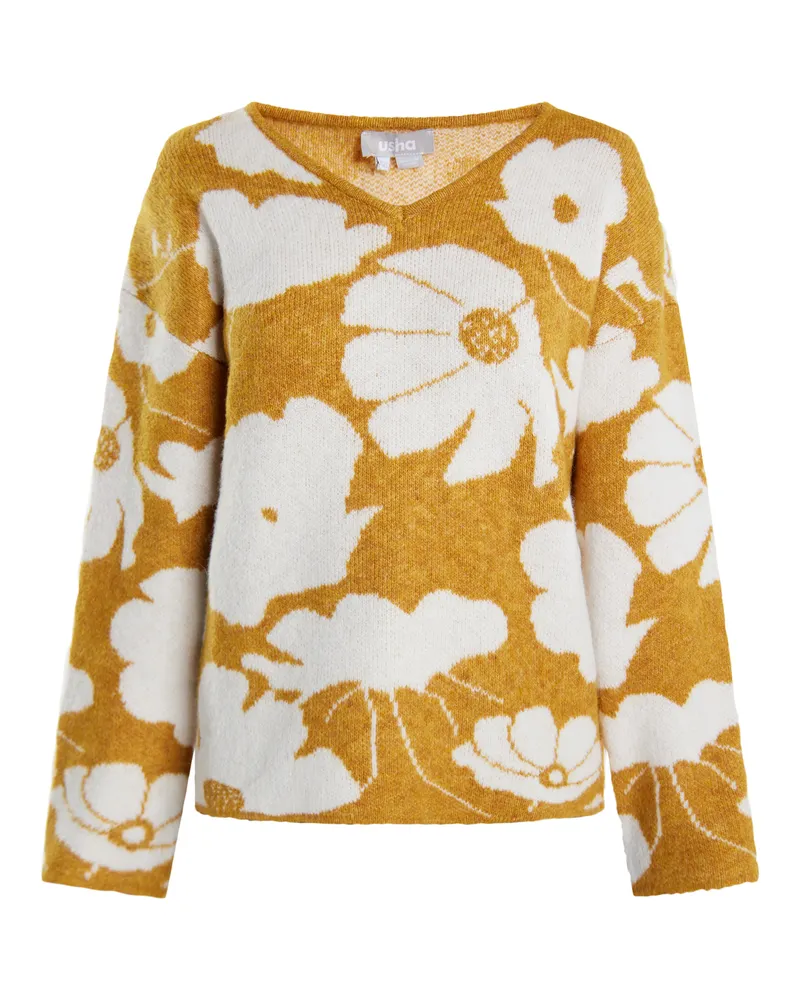 Usha Strickpullover Damen Curry Weiss Senfgelb