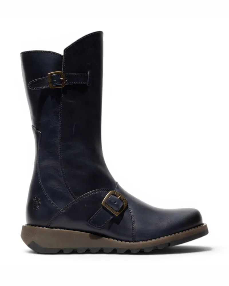 Fly London Womens Wine MES 2 Keil-Fersen-Schnalle mit Leder-Reißverschluss-Plattformstiefeln bis zur Mitte der Wade Blau