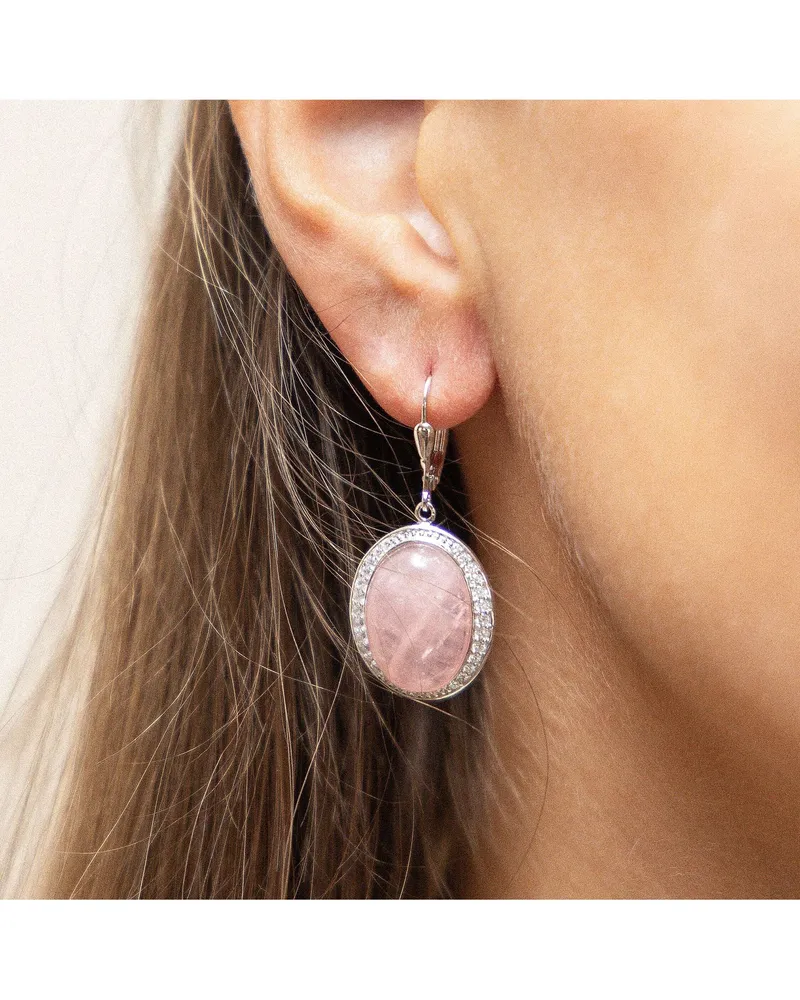 ZEEme Gemstones Ohrringe Silber 925 rhodiniert mit Rosenquarz und Zirkonia-Steinen Silber