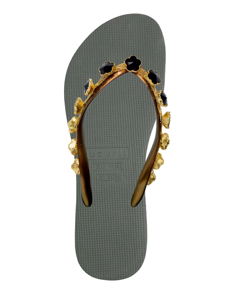 uzurii Schwarze Blumen-Flip-Flops in Armeegrün Braun