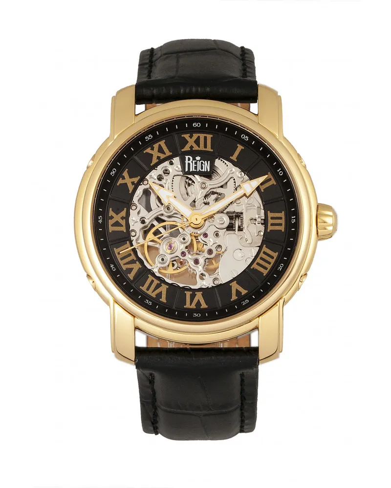 Reign Kahn Automatik-Skelettuhr mit Lederarmband Gold