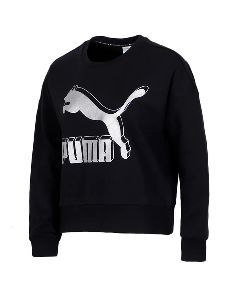 Puma Womens Classics Logo Metallic Crew Sweatshirt Black 597405 71 Schwarz