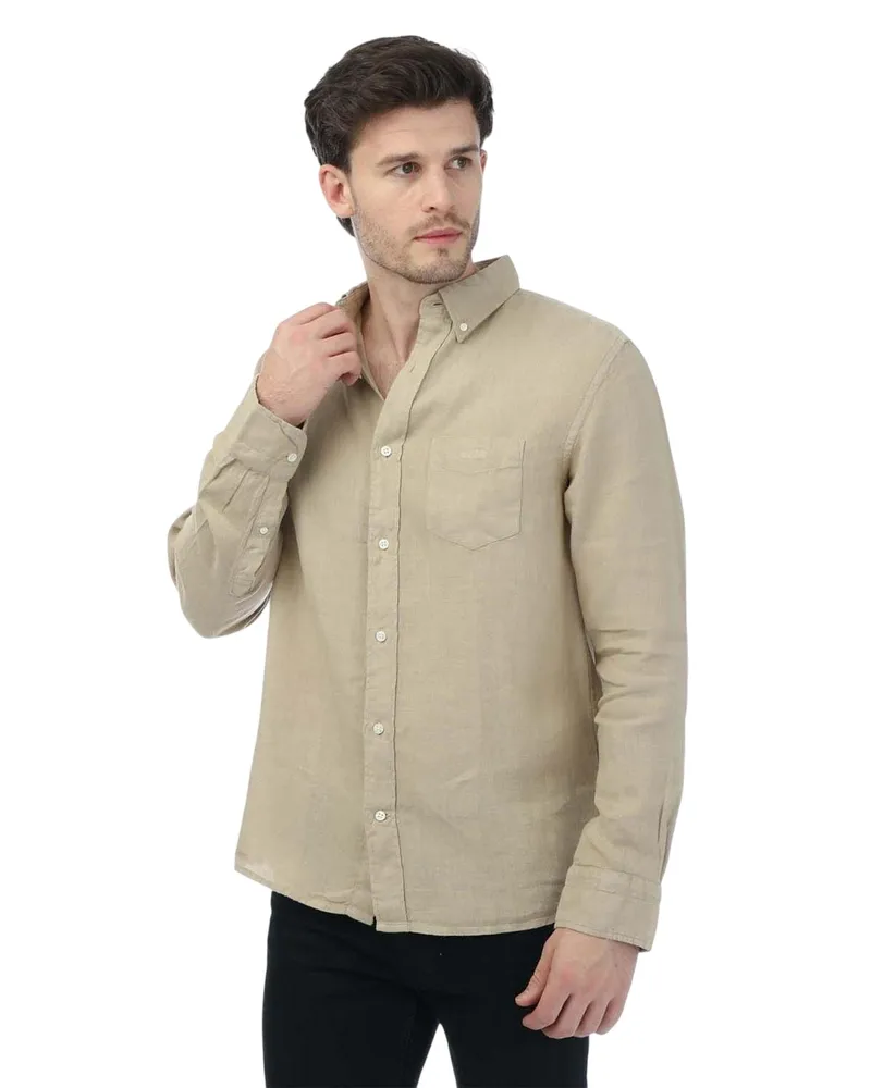 Gant Hemd für Herren, Stückgefärbt, Leinen, Regulär (Beige Beige