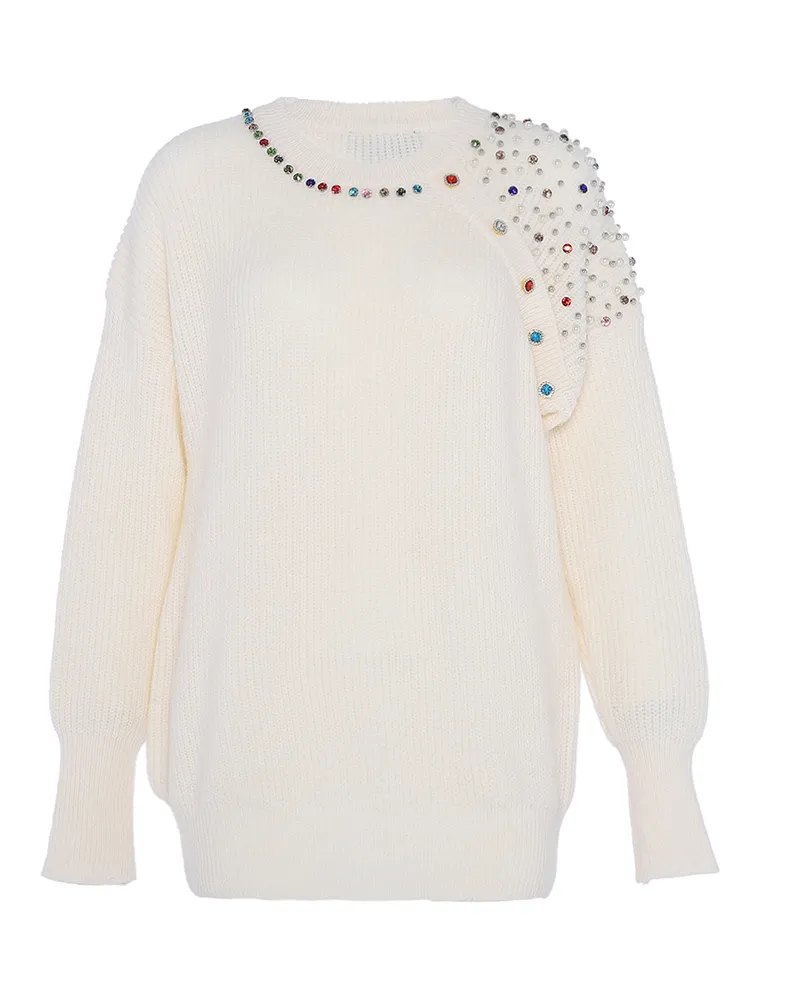 FAINA Pullover für Damen, gerippte Bündchen - Wollweiß Wollweiß
