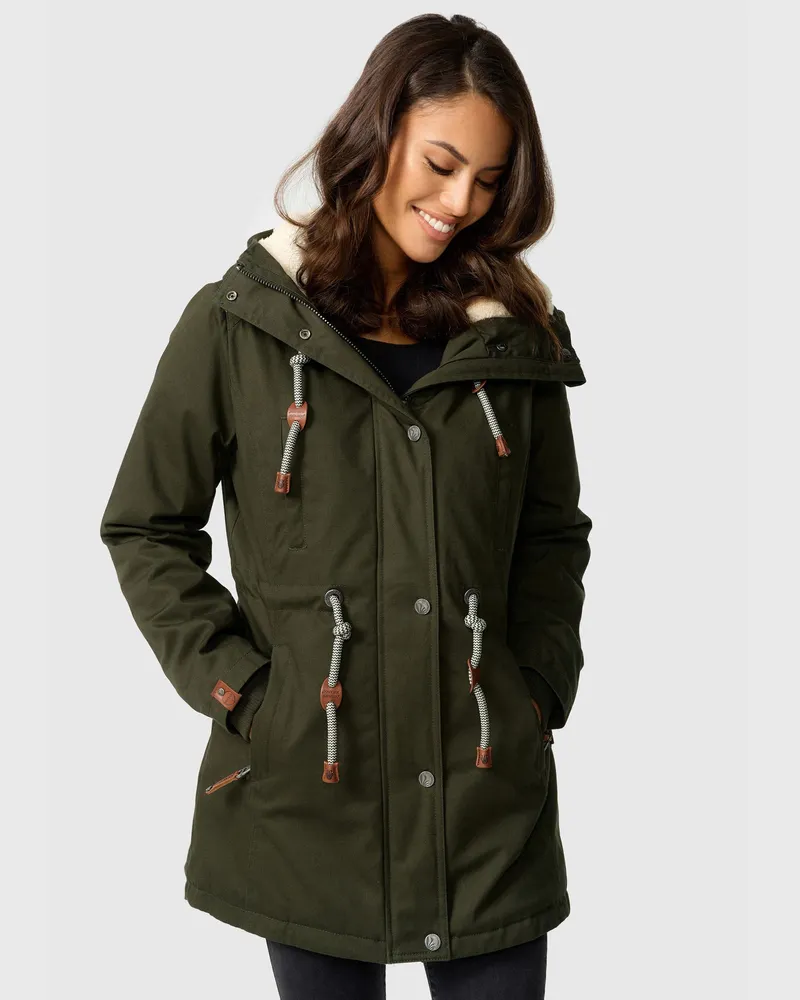 NAVAHOO Ireliaa Damen Parka – Windabweisende Winterjacke mit Teddyfell & Kapuze - Olive Grün