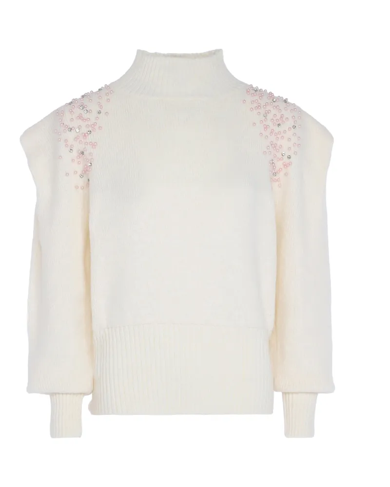 FAINA Pullover mit Perlenapplikation, Damen - Wollweiß Wollweiß