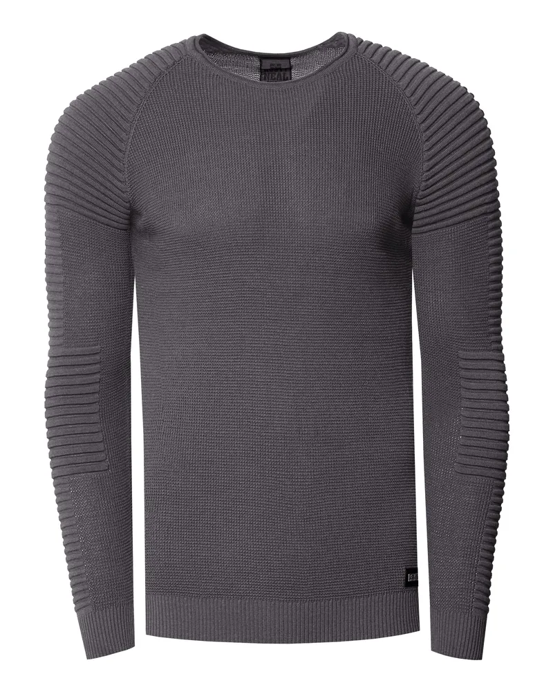 Rusty Neal Slim Fit Feinstrick Biker Rundhals-Pullover Dunkelgrau