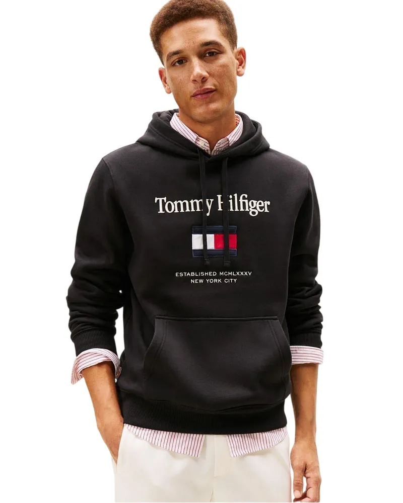 Tommy Hilfiger Hoodie zum Überziehen für Herren, bestickt, leger (Schwarz Schwarz