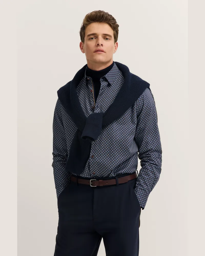 Bugatti Herren Freizeithemd langarm mit Rauten-Muster und Easy-Care Funktion Marineblau