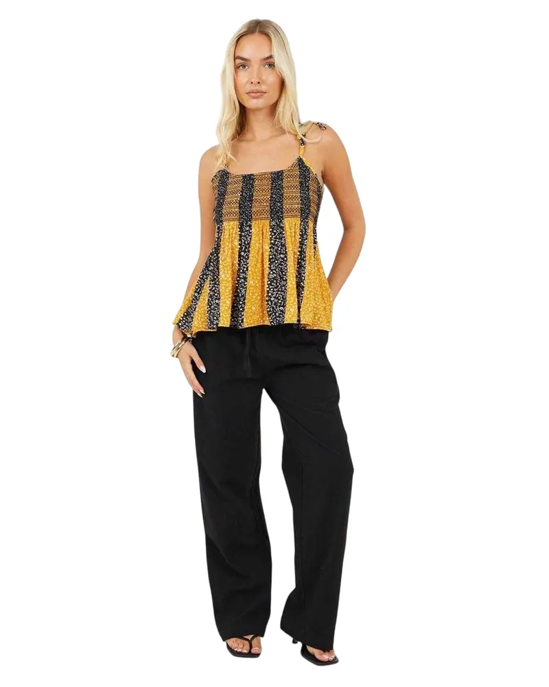 Brave Soul Top für Damen, Gesmockt, Spaghetti-Träger (Gelb/Schwarz Gelb