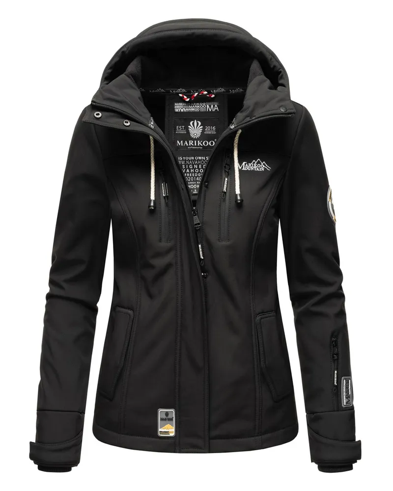 Marikoo Softshelljacke für Damen, warm, mit Kapuze und Fleecefutter (Kleine Zicke) - Schwarz Schwarz
