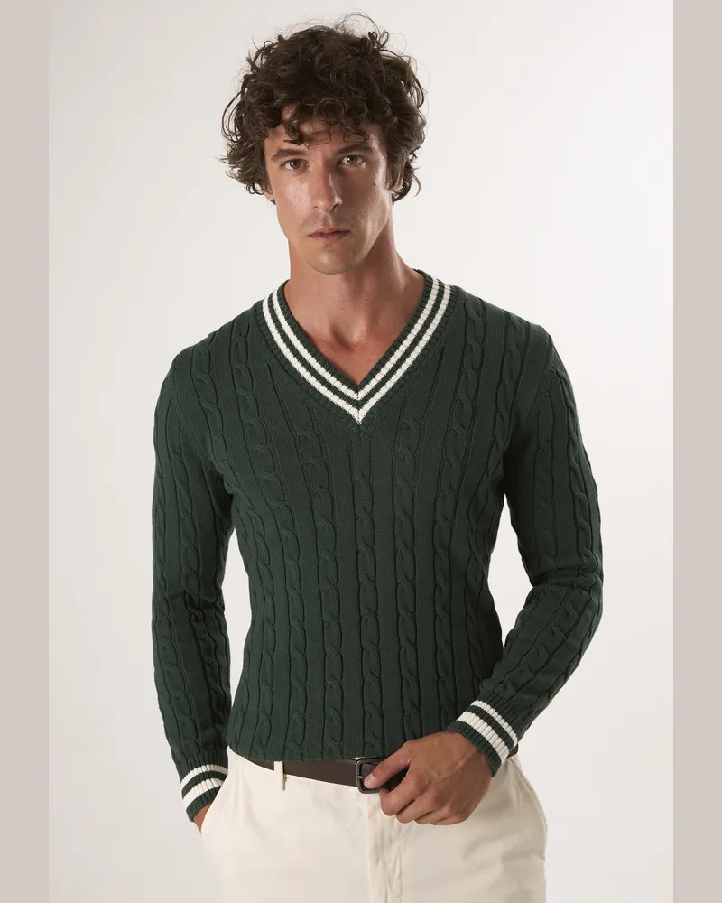 Felix Hardy Pullover V-Ausschnitt-Pullover Mit Zopfmuster Dunkelgrün