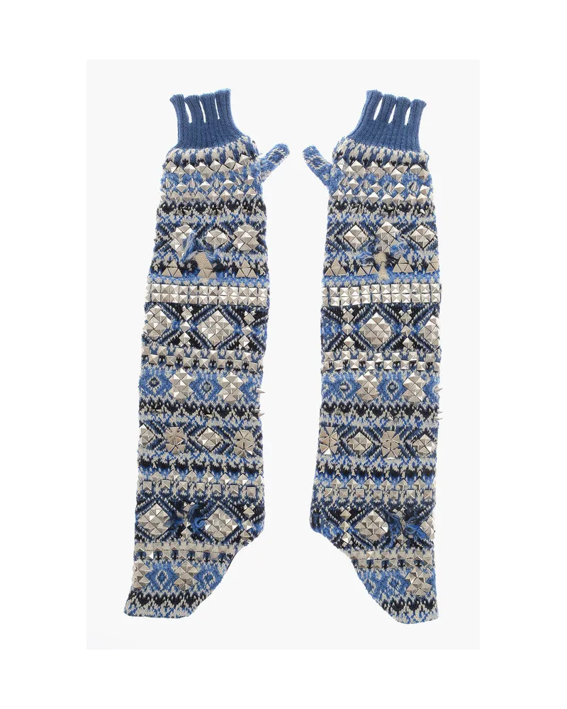 Maison Margiela Gestrickte fingerlose, warme Handschuhe mit Nieten in Azzurro, Bianco, Blu, Multicolor Hellblau