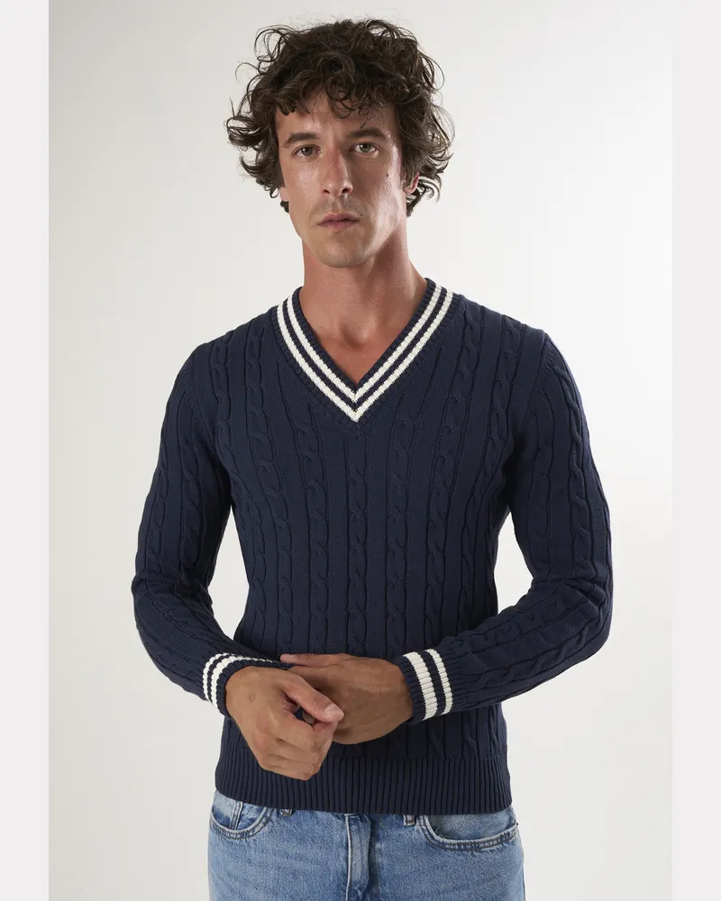 Felix Hardy Pullover V-Ausschnitt-Pullover Mit Zopfmuster Marineblau
