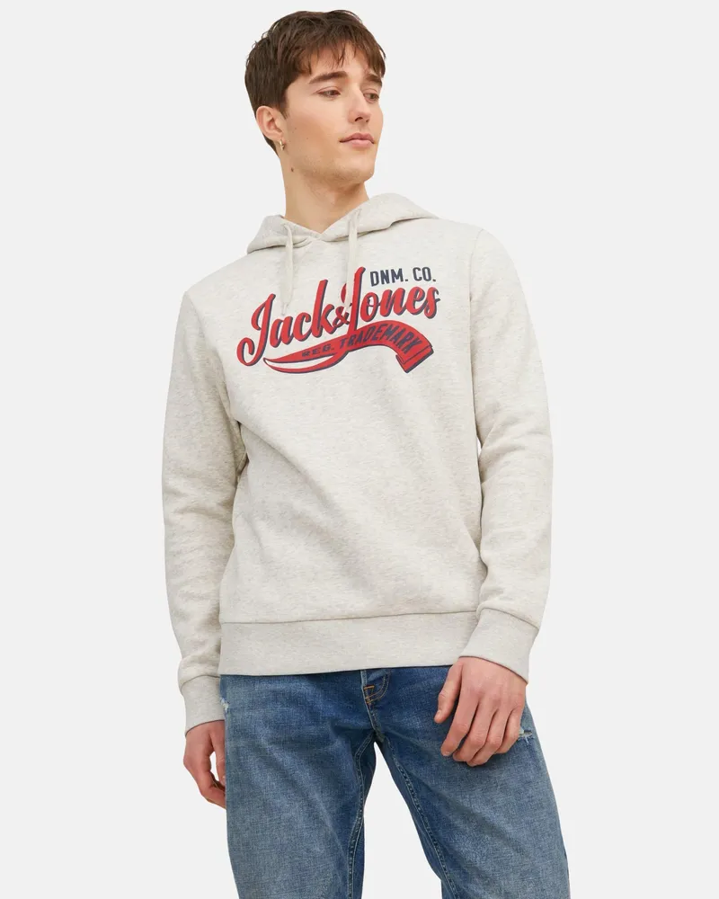 Jack & Jones Dieser Kapuzenpulli für Herren mit normaler Passform ist ein Muss für jeden Kleiderschrank. Das Kapuzensweatshirt besteht aus gebürstetem Material mit einer weichen Innenseite, die es kuschelig und warm macht. Die Kapuze des Hoodies hat einen Kordelzug. Ärmel und Bauchsaum sind mit Rippbündchen versehen. Der große Label-Print auf der Brust rundet das Design ab Weiß