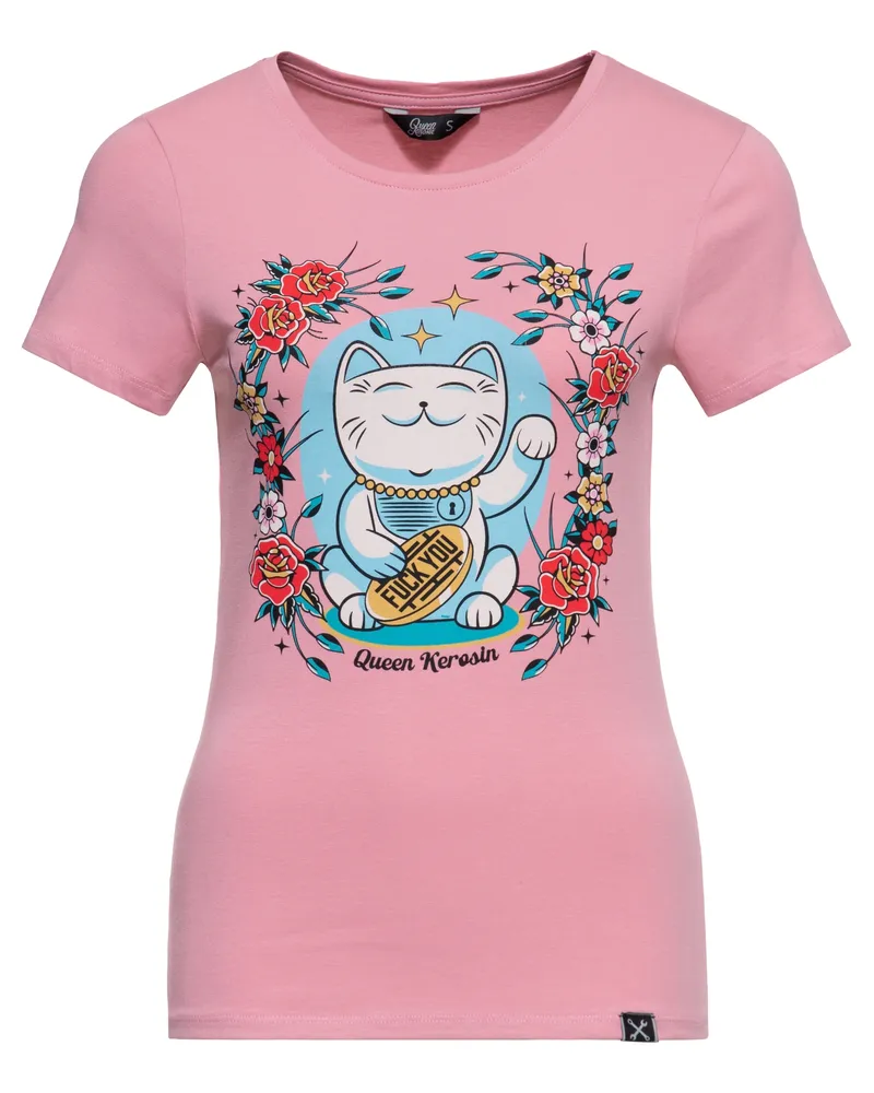 Queen Kerosin Damen T-Shirt Lucky Cat Rosé