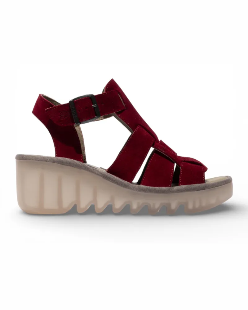 Fly London Damen-Keilsandalen BAIC621FLY aus beerenrotem Wildleder Bordeaux
