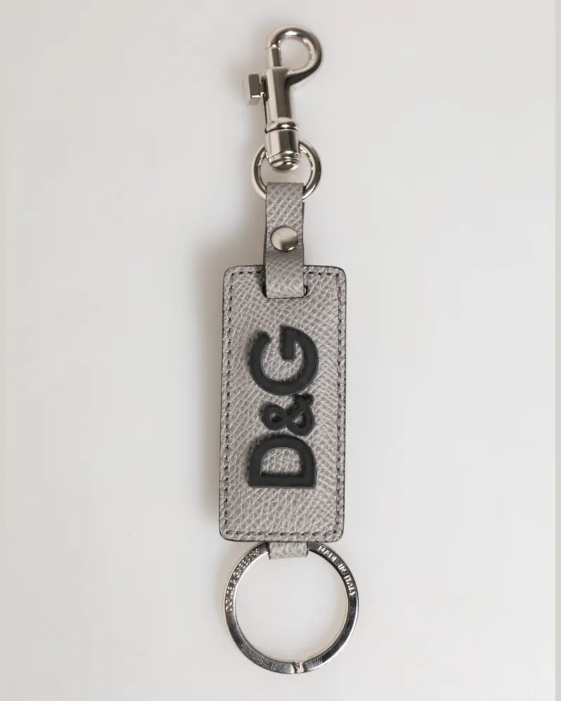 Dolce & Gabbana Grauer Leder-Logo-Metallring-Schlüsselanhänger für Männer Grau