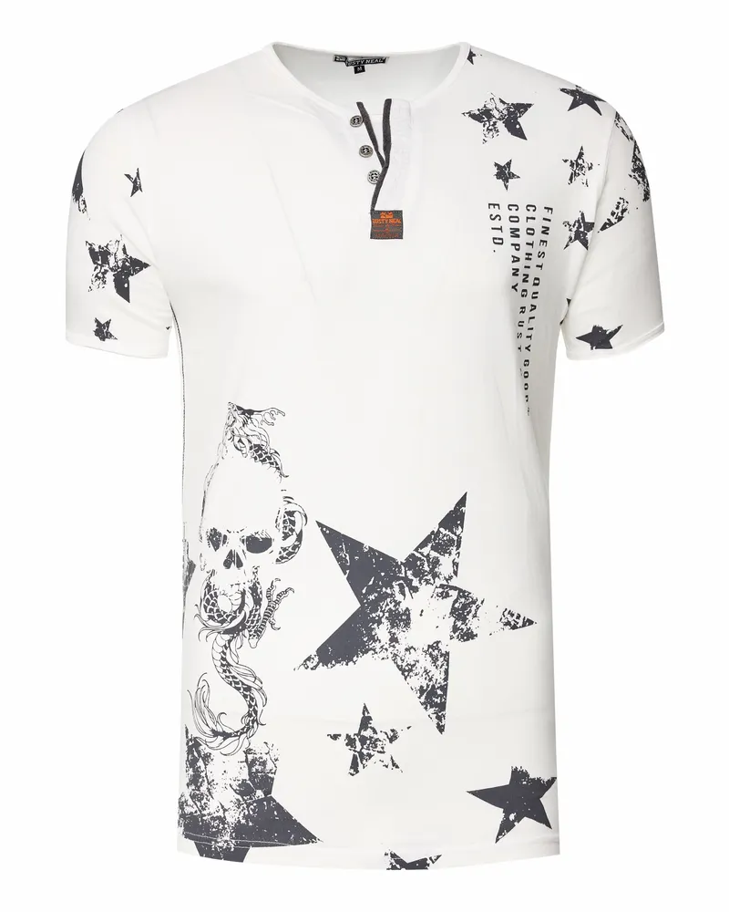 Rusty Neal Rundhals Henley T-Shirt mit Prints und Knopfleiste Weiß