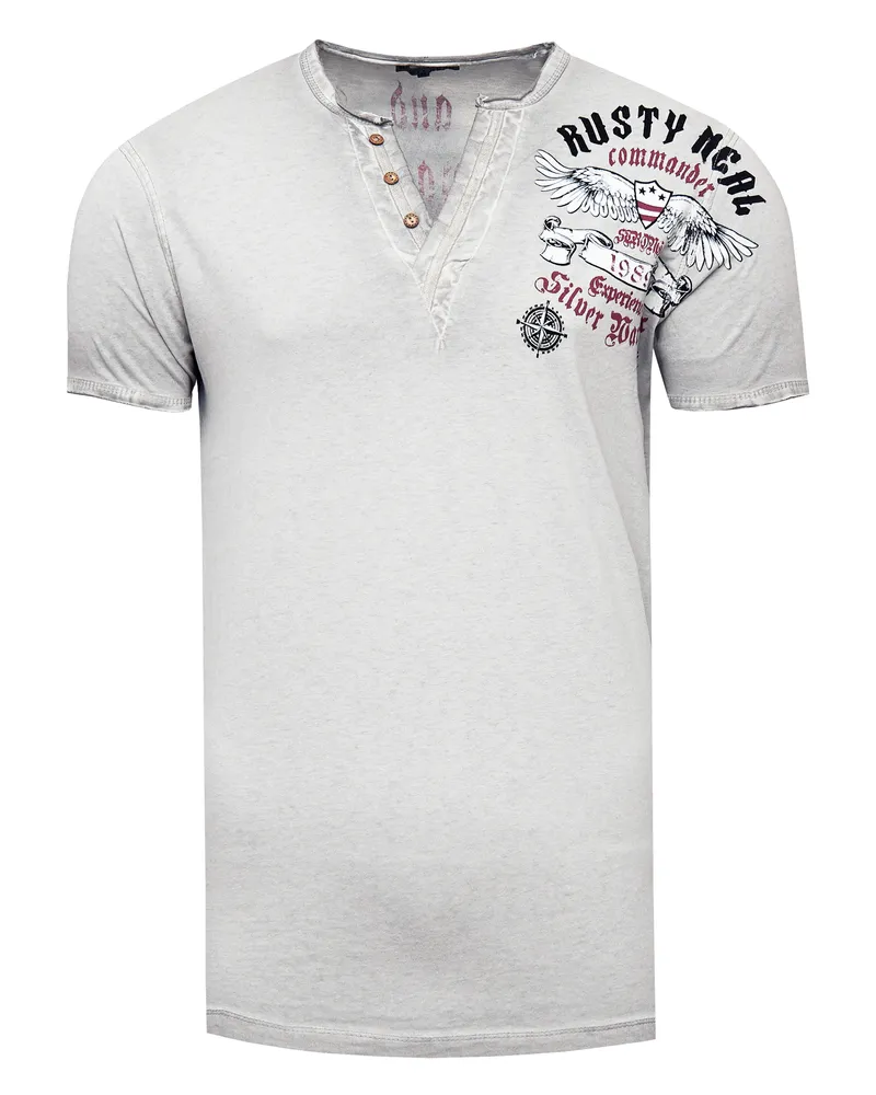 Rusty Neal V-Neck T-Shirt Verwaschen mit Seitlichem Print Grau