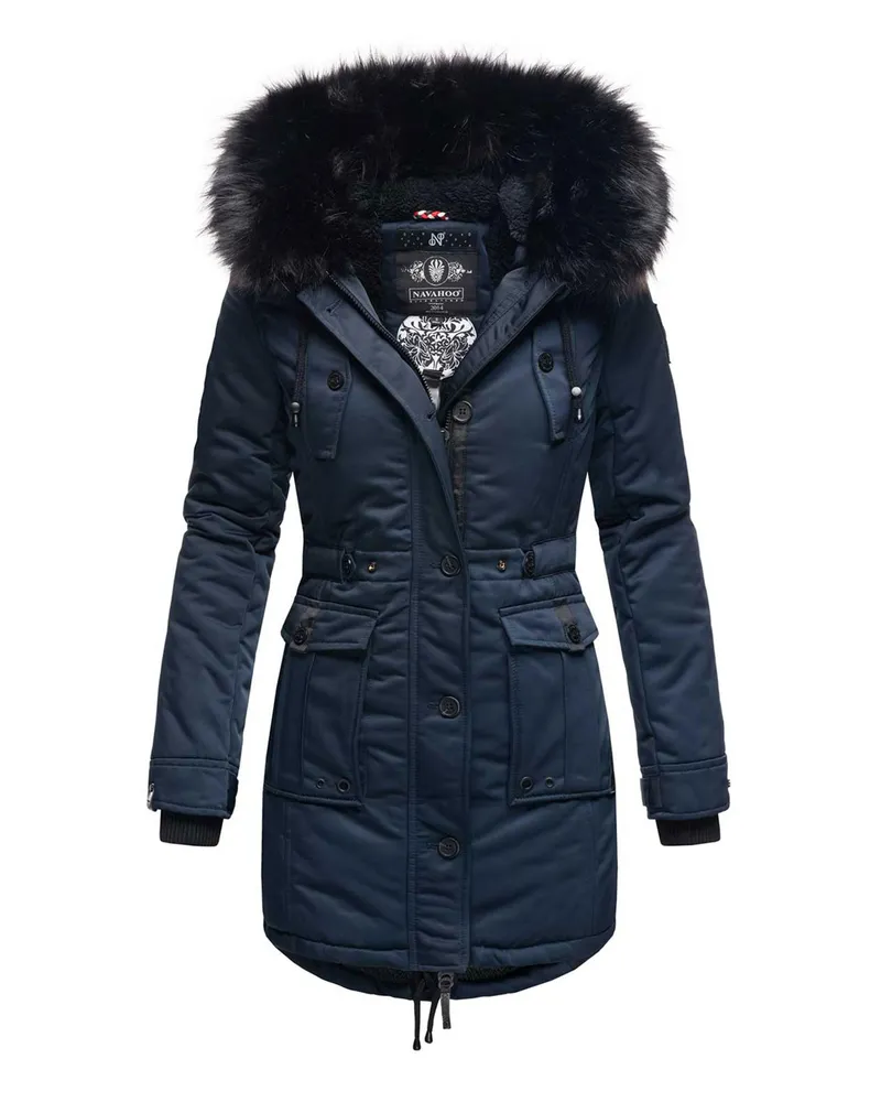 NAVAHOO Damen Winterjacke Luluna-Princess – Warm, Stylisch & Mit Teddyfell und Kunstfellkragen Marineblau