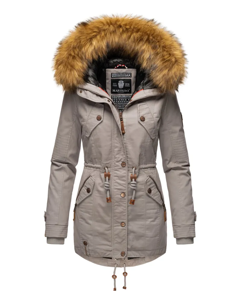Marikoo Damen Winterjacke mit abnehmbarem Kunstfellkragen & Taillenzug Grau