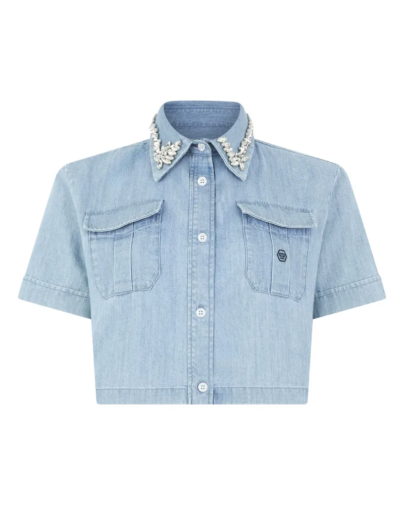 Philipp Plein Cropped Chambray-Hemd mit Kristallen - Hellblau Hellblau