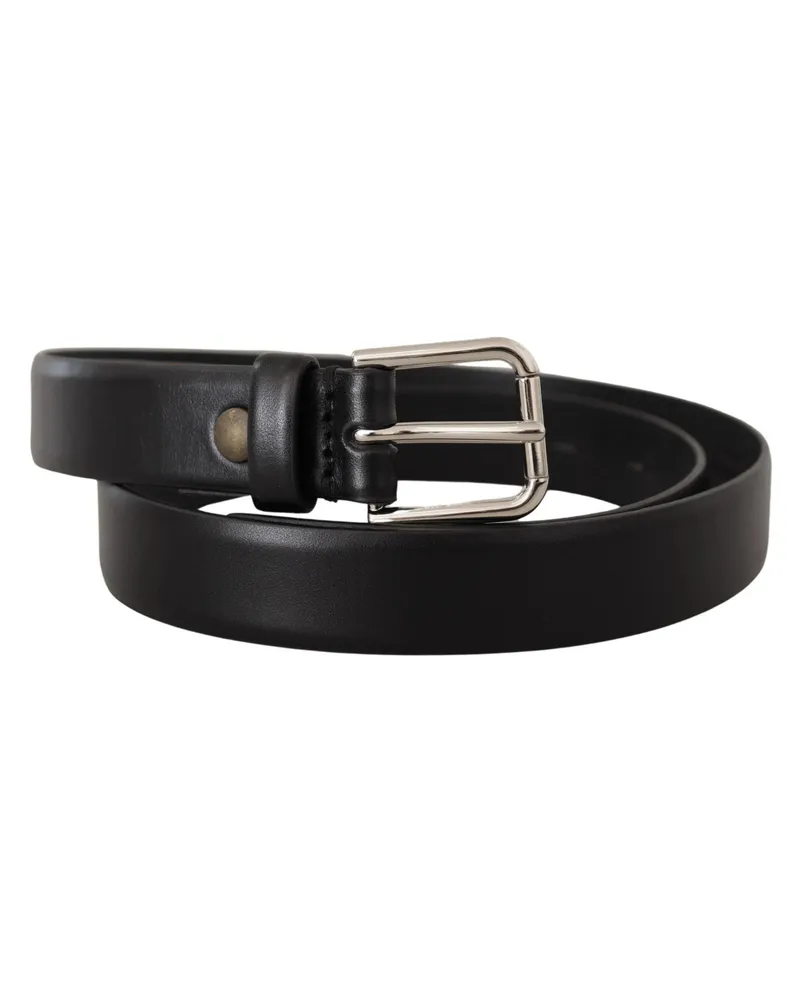 Dolce & Gabbana Schwarzer Kalbleder Gürtel mit silberner Logo-Schnalle Schwarz