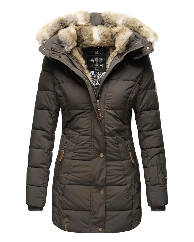 Marikoo Damen Winterjacke mit Kapuze & Kunstfell-Innenfutter Grau