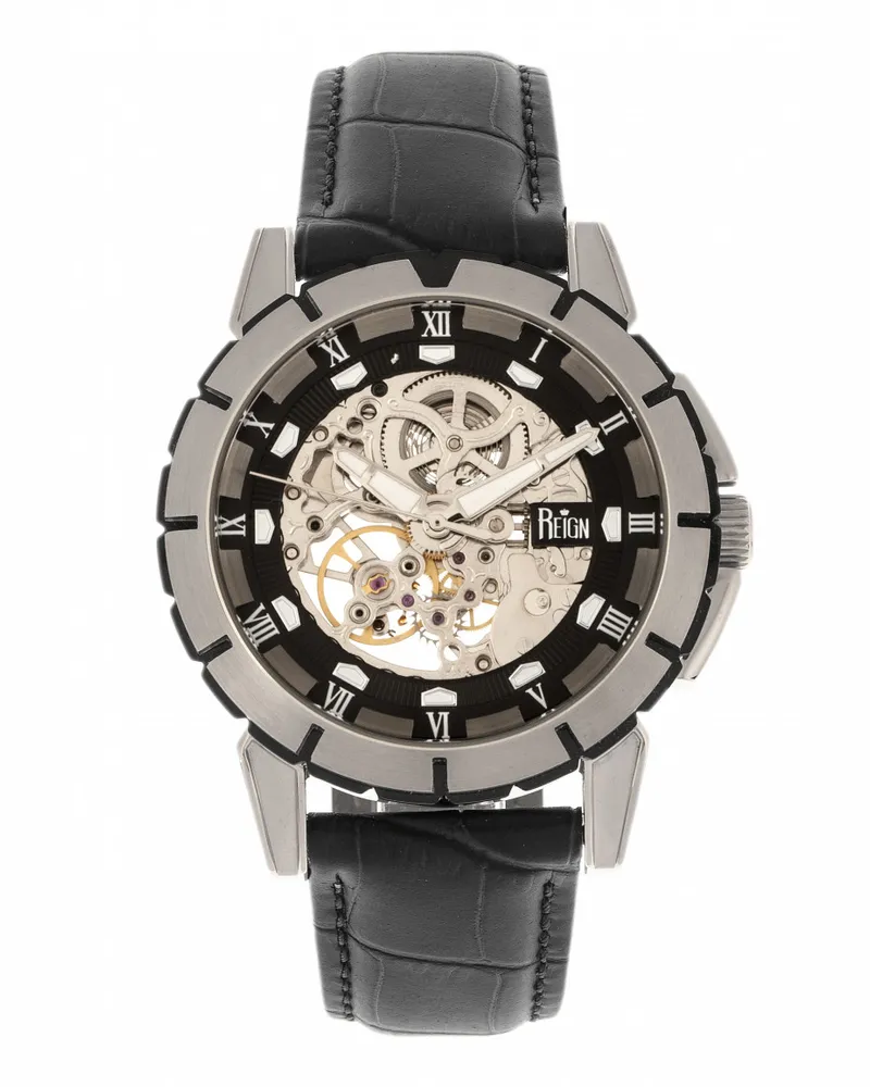 Reign Philippe Automatik-Skelettuhr mit Lederarmband Silber