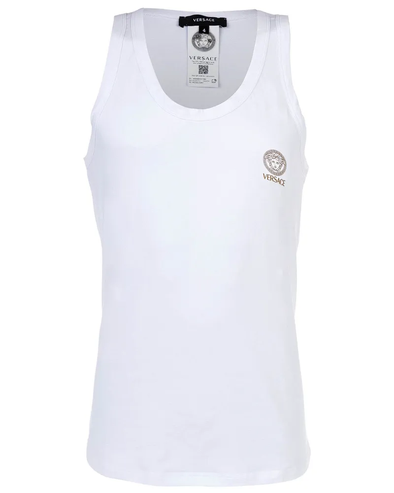 Versace T-Shirt mit langen Ärmeln und Rundhals, Bi-Stretch Baumwolle, neues Logo — Vest - Weiß Weiß