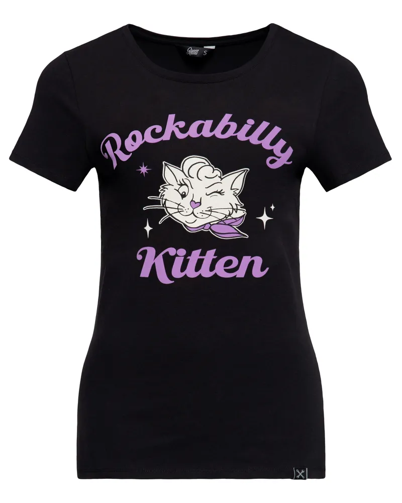 Queen Kerosin Damen T-Shirt Rockabilly Kitten Schwarz