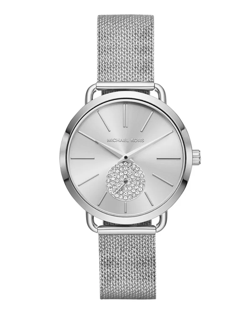 Michael Kors Trendige Damenuhr der Marke  in der Farbe Silber. Die Uhr hat ein Armband, das auch kleiner gemacht werden kann, das Gehäuse hat einen Durchmesser von 37mm und das Uhrwerk ist Quarz.  Marke: Michael KorsModellname: MK3843 (37mm)Kategorie: DamenuhrMaterialien: EdelstahlFarbe: silber Silber