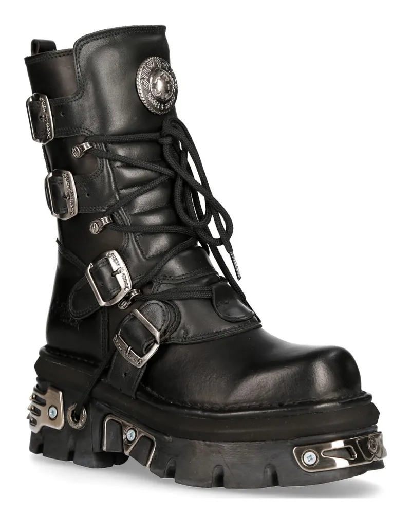 New Rock Unisex Schwarz Leder Gothic Mid-Calf Stiefel-373-S4 Schwarz
