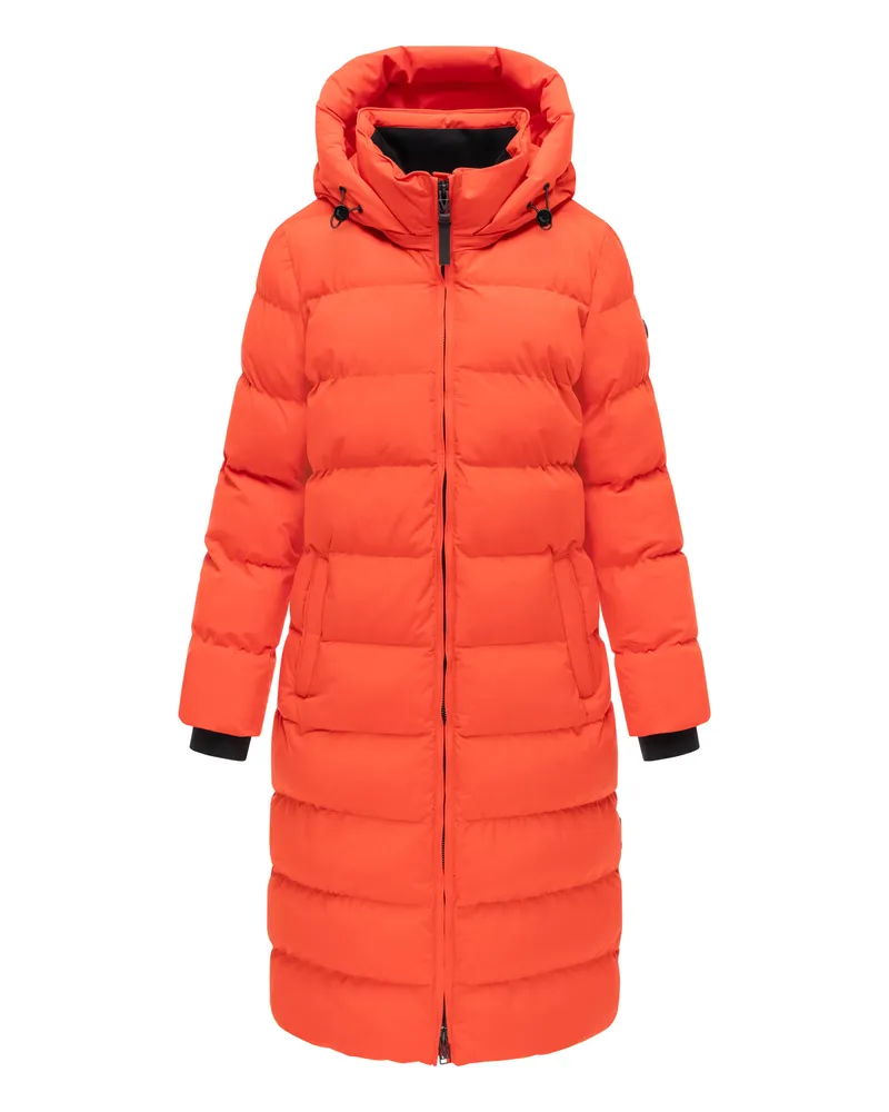 Marikoo Damen Wintermantel Harukaa – lang, gesteppt & mit abnehmbarer Kapuze Orange