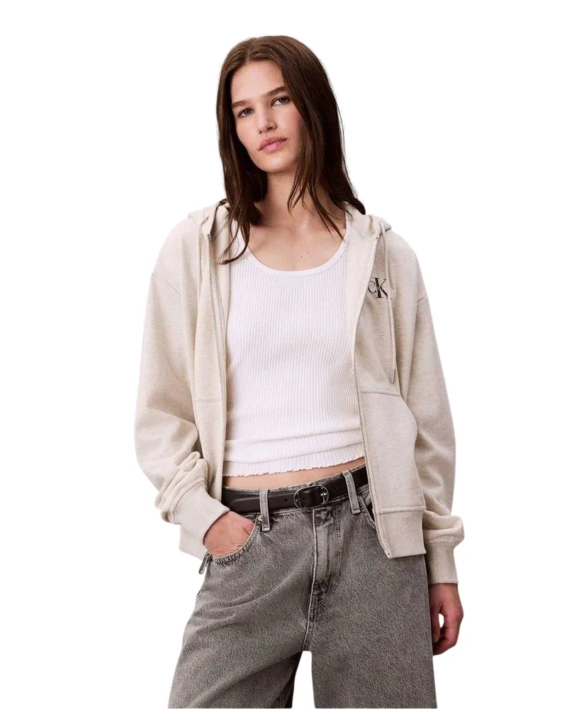 Calvin Klein Hoodie mit durchgehendem Reißverschluss für Damen (Vanille meliert Khaki