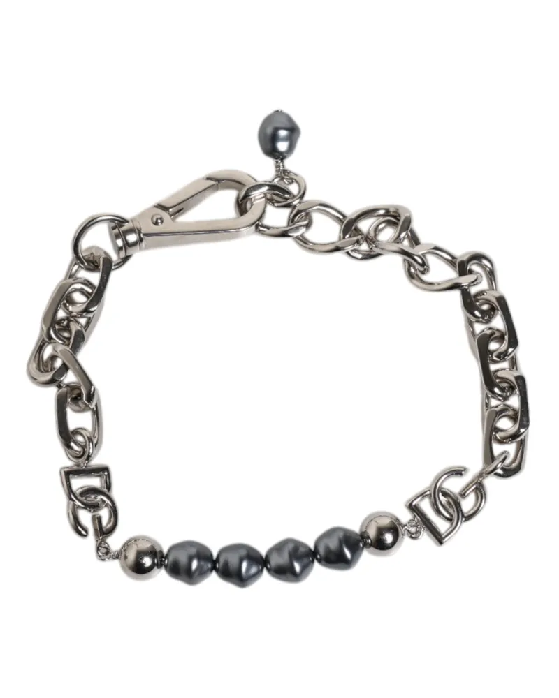 Dolce & Gabbana Armband mit grauen Perlen und Silberfarbener Kette mit Karabinerhaken-Logo Silber
