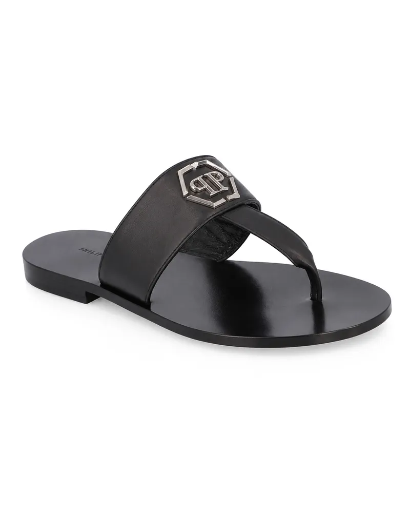 Philipp Plein Flache Sandalen Hexagon Schwarz
