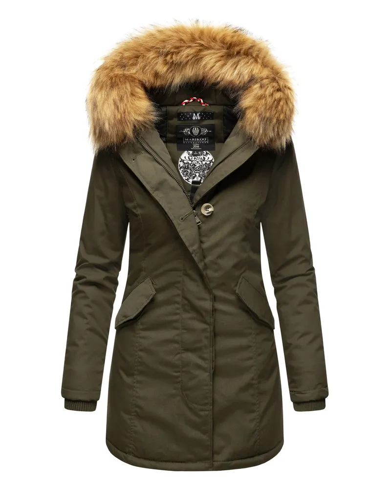 Marikoo Damen Winterparka mit abnehmbarem Kunstfellkragen und Kapuze - Grün Grün
