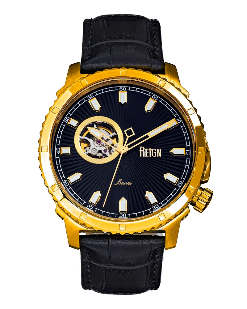 Reign Bauer Automatikuhr mit Semiskelett und Lederarmband Gold