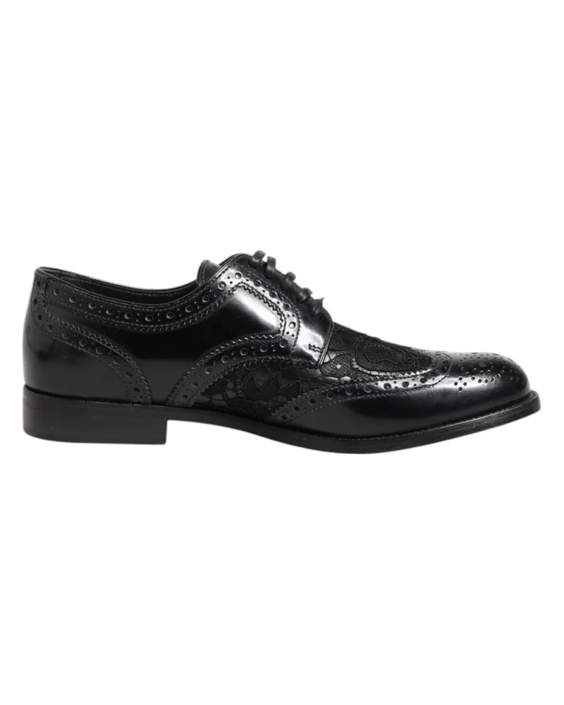 Dolce & Gabbana Schwarze Leder Blumen-Spitzenformelle Schuhe Schwarz