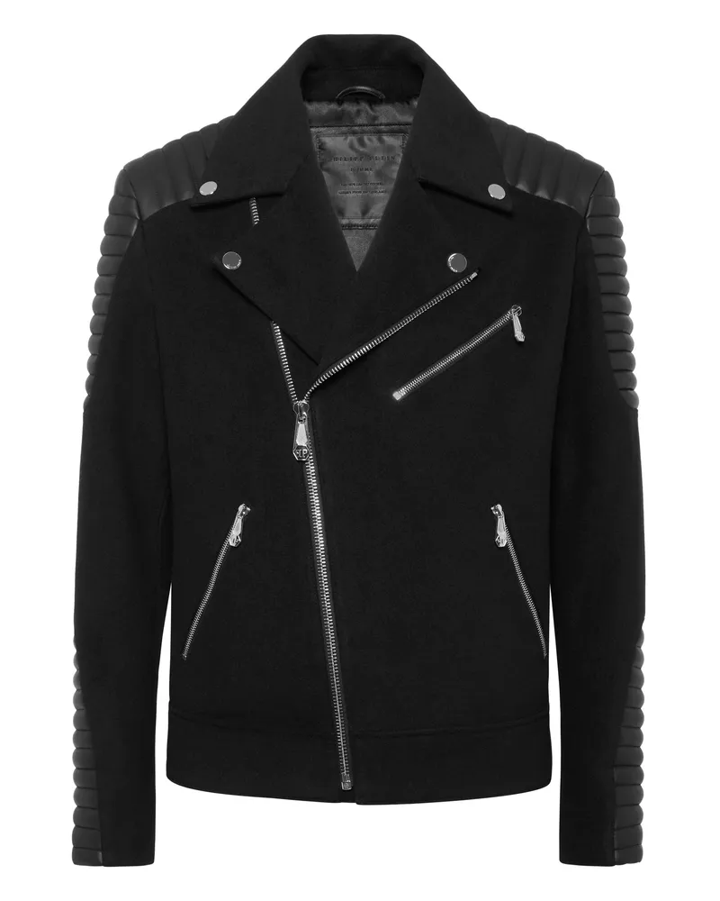 Philipp Plein Bikerjacke aus Wolle mit Ledereinsätzen - Schwarz Schwarz