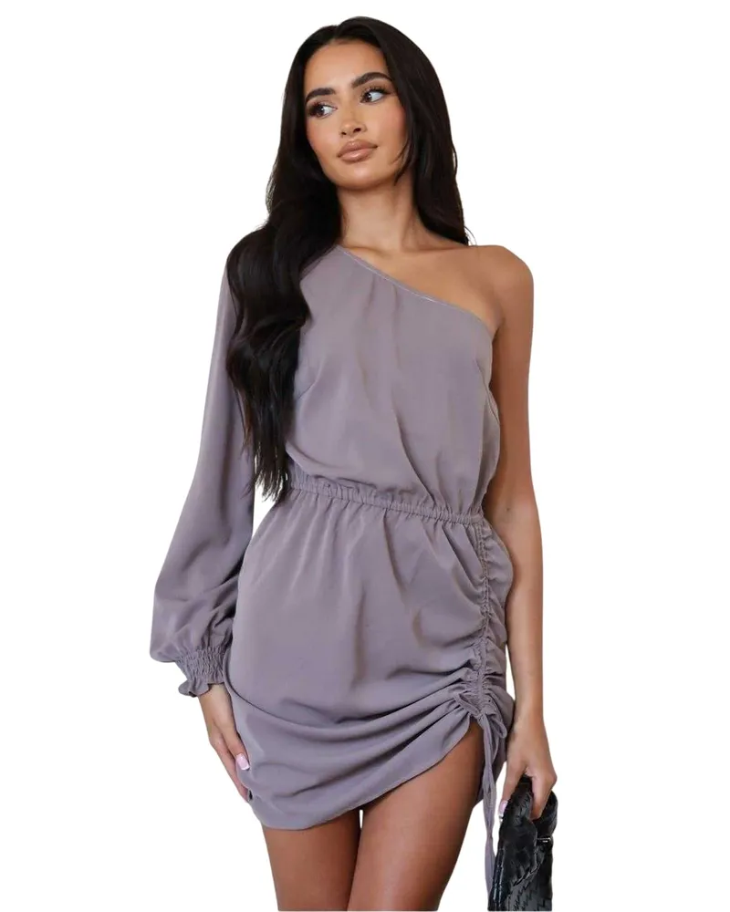 AX Paris Minikleid für Damen, Geraffte Seite, Ein Ärmel (Graubeige Weiß
