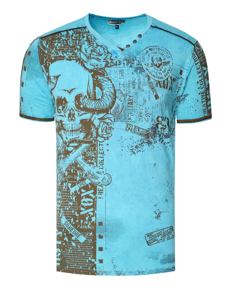 Rusty Neal V-Neck T-Shirt mit All Over Skull X Snake Print und Wildleder-Details Türkis