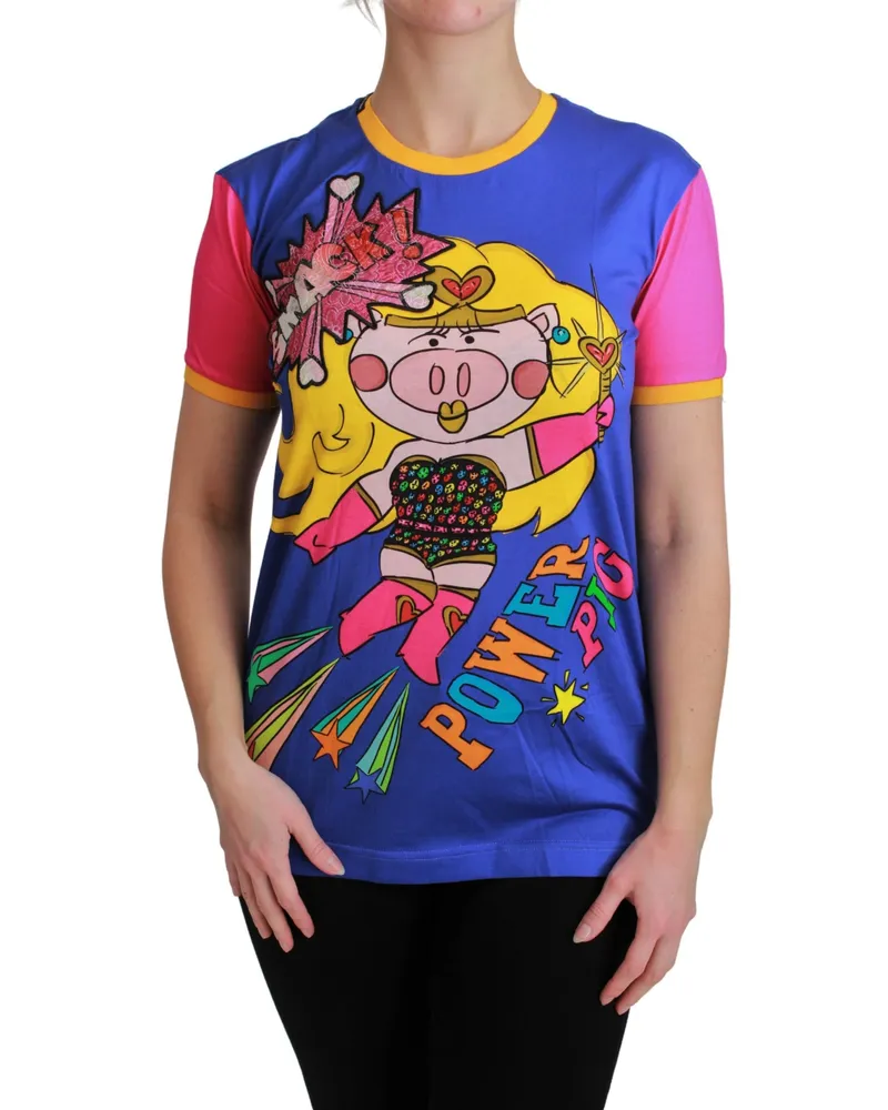 Dolce & Gabbana Damen Lila PIG SUPERGIRL Top Baumwoll-T-Shirt Blau