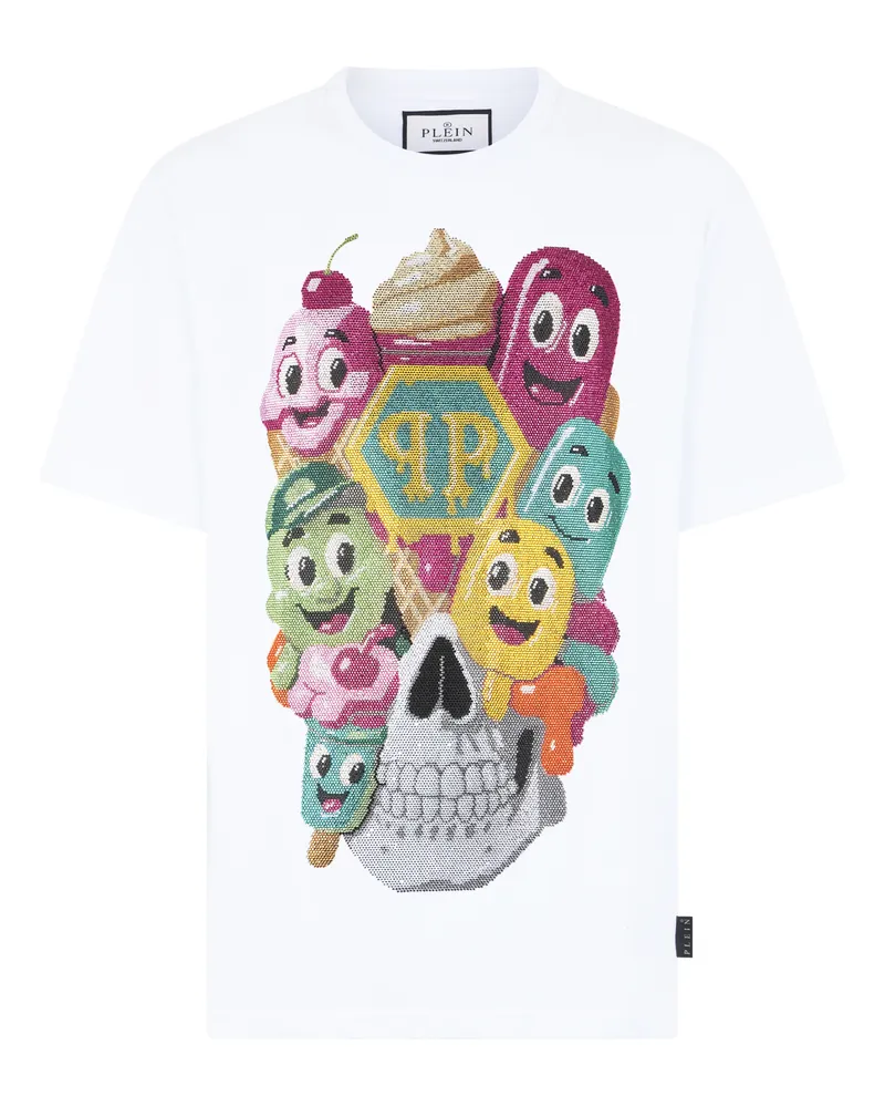Philipp Plein Round Neck T-Shirt Little Ice Cream Skull Weiß