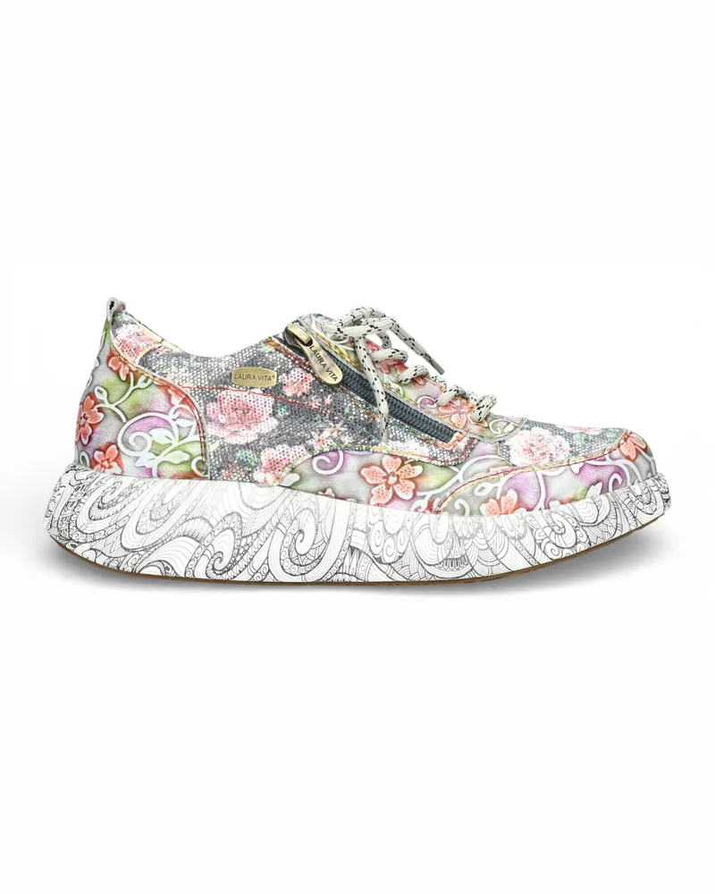 Laura Vita Damen-Sneaker Nikito 62, graues Leder mit Blumenmuster, Plateau-Sohle Grau