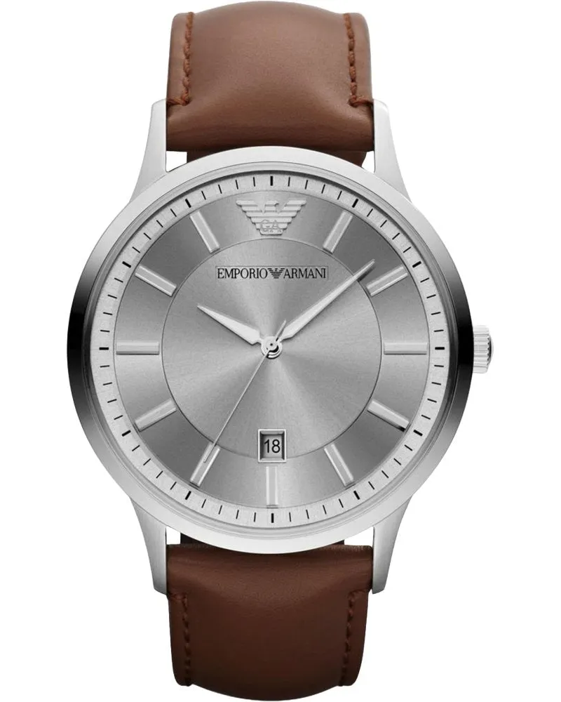 Emporio Armani AR2463 Herren Classic Armbanduhr mit silbernem Zifferblatt und Lederarmband Braun