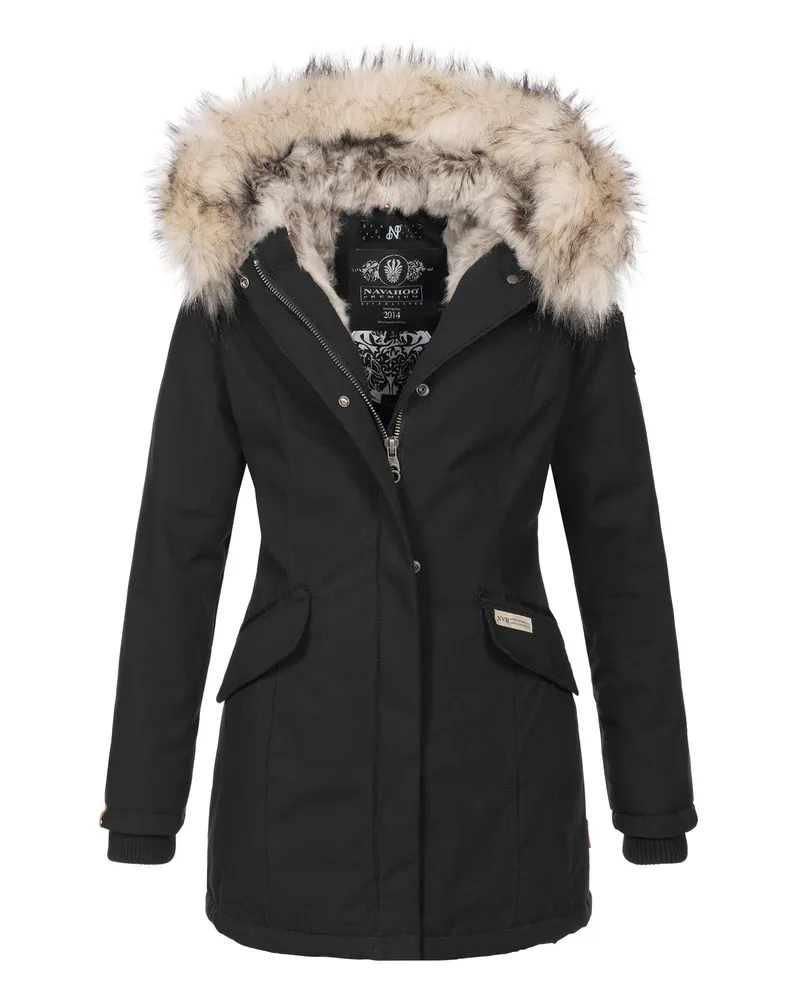 NAVAHOO Damen Winter Parka Cristal – Premium Kollektion mit Abnehmbarem Kunstfellkragen Schwarz